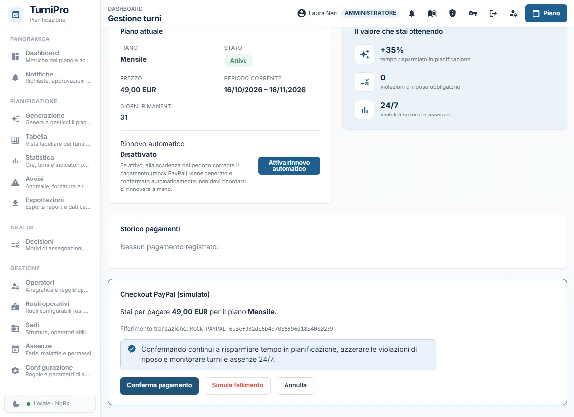 Il pannello Checkout PayPal (simulato) con importo, piano e riferimento
