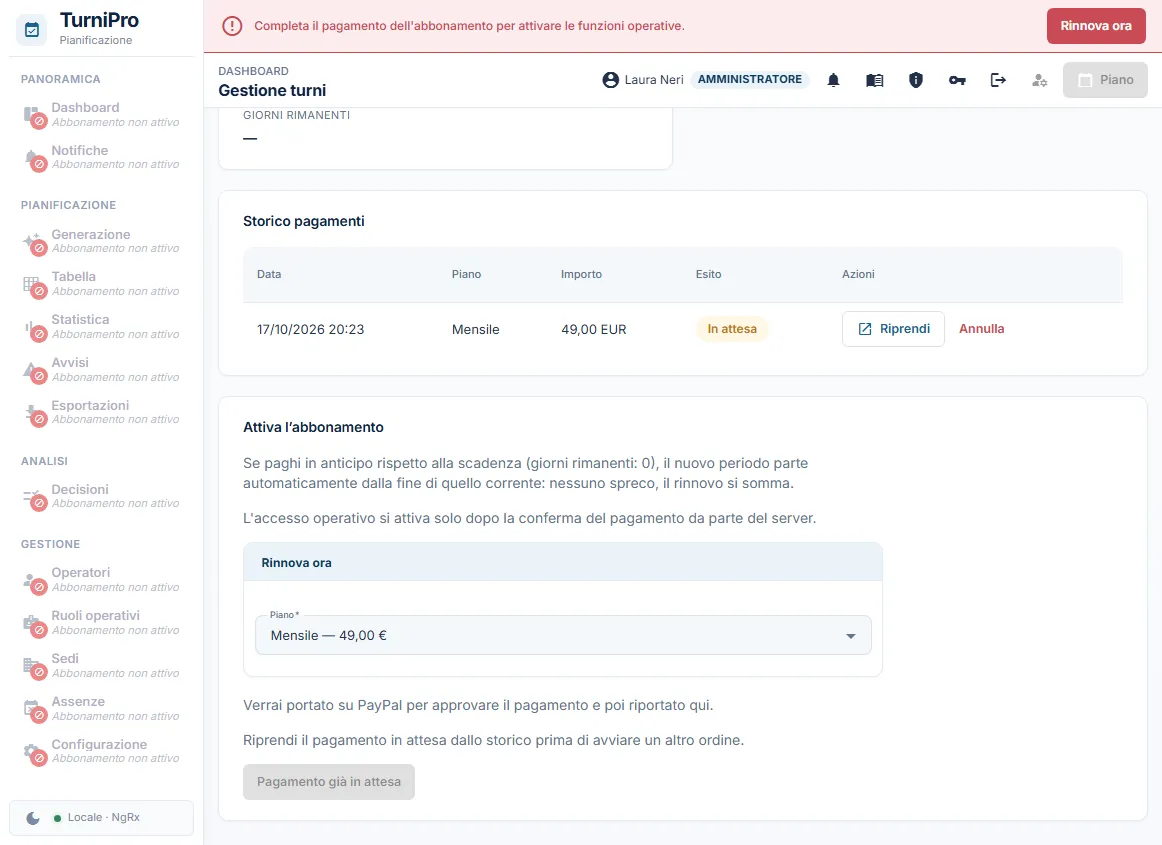 Un ordine PayPal in attesa: pulsanti Riprendi e Annulla nello storico
