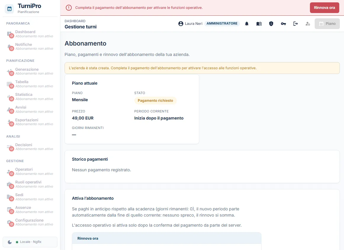 Una nuova azienda: stato Pagamento richiesto, menu spento e avviso giallo