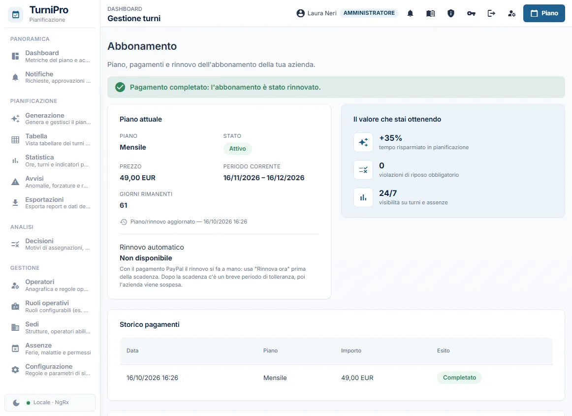 Dopo l'approvazione su PayPal: pagamento completato e abbonamento rinnovato