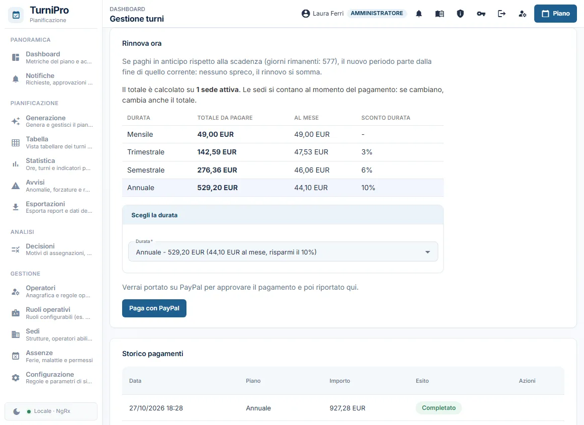 Il riquadro Rinnova ora con la tabella dei prezzi e il pulsante Paga con PayPal