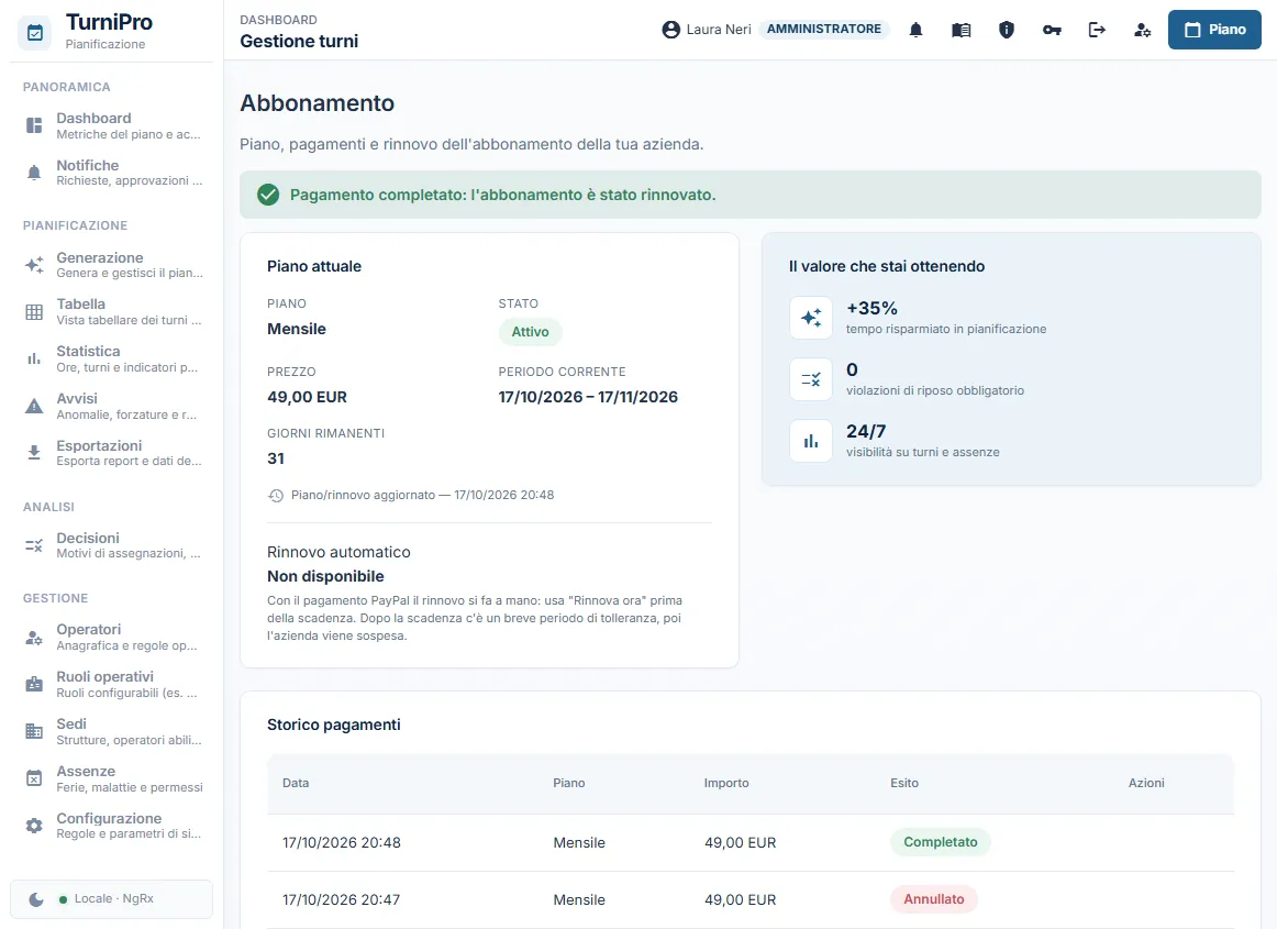 Dopo il pagamento l'abbonamento torna Attivo e il menu si riaccende subito