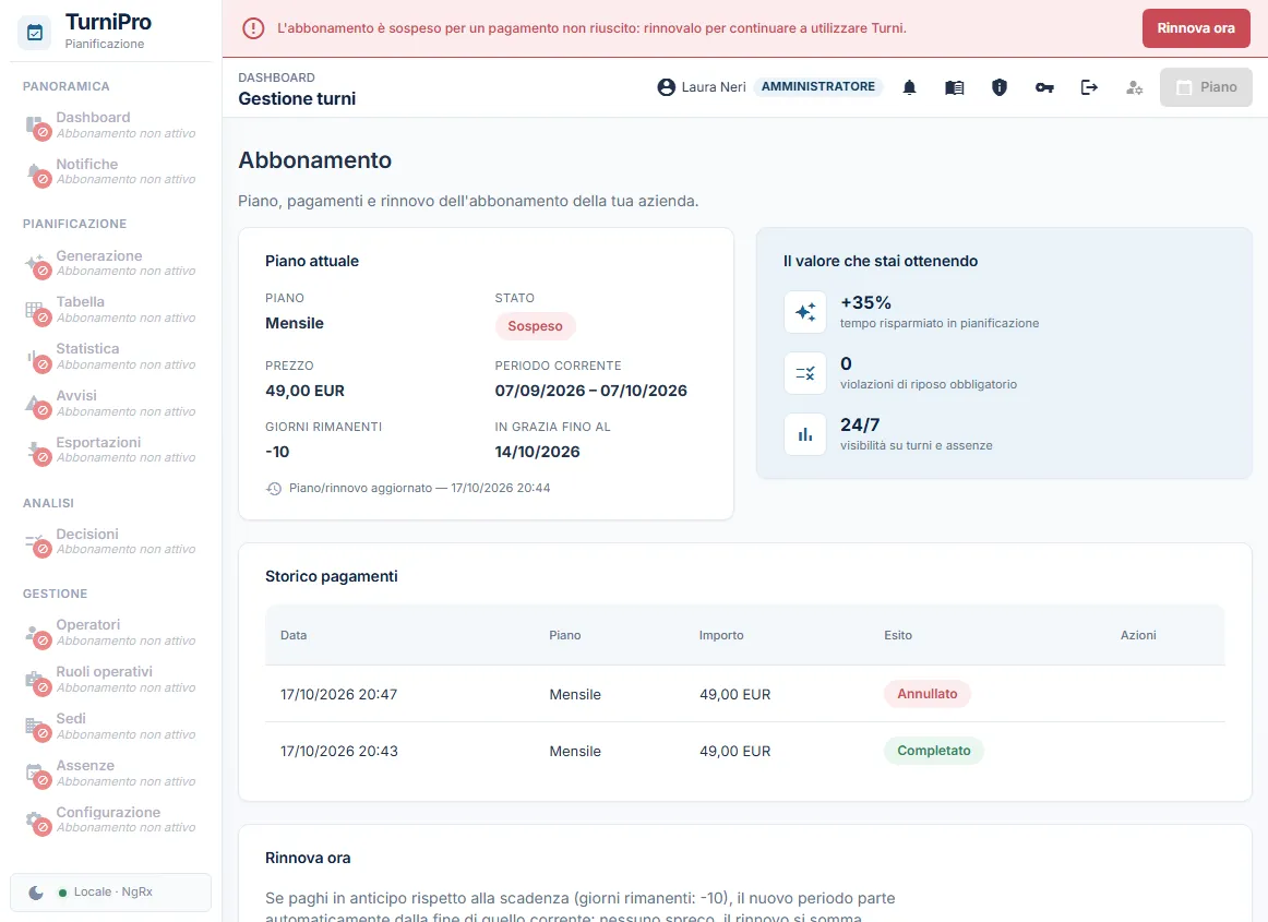Abbonamento sospeso: avviso rosso, menu spento e solo la pagina Abbonamento raggiungibile