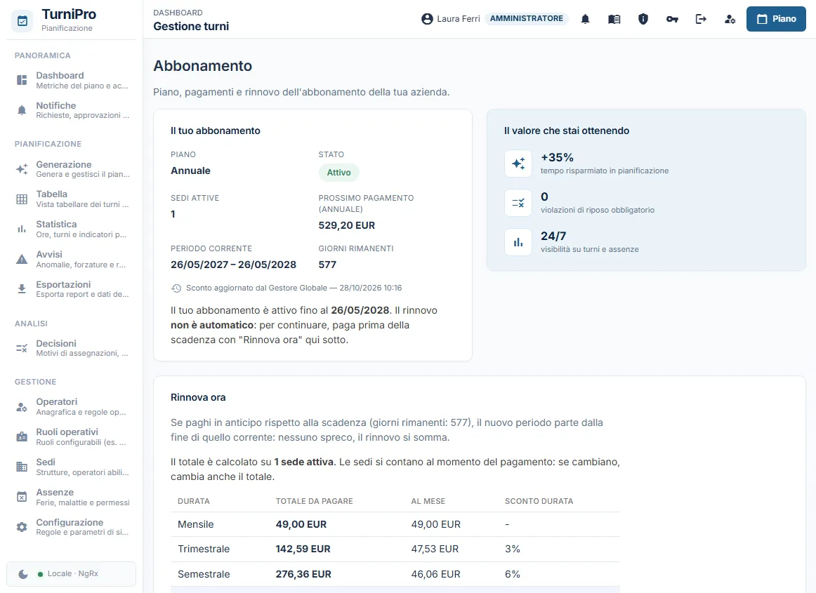 La pagina Abbonamento: il tuo abbonamento e il riquadro Rinnova ora