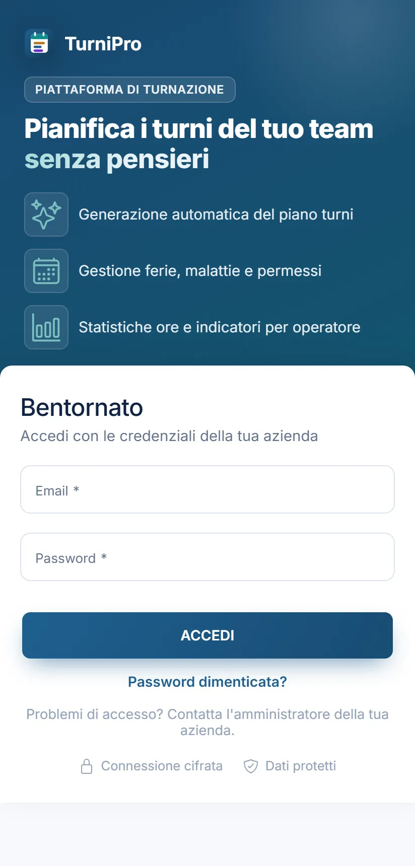 La schermata di accesso dell'app