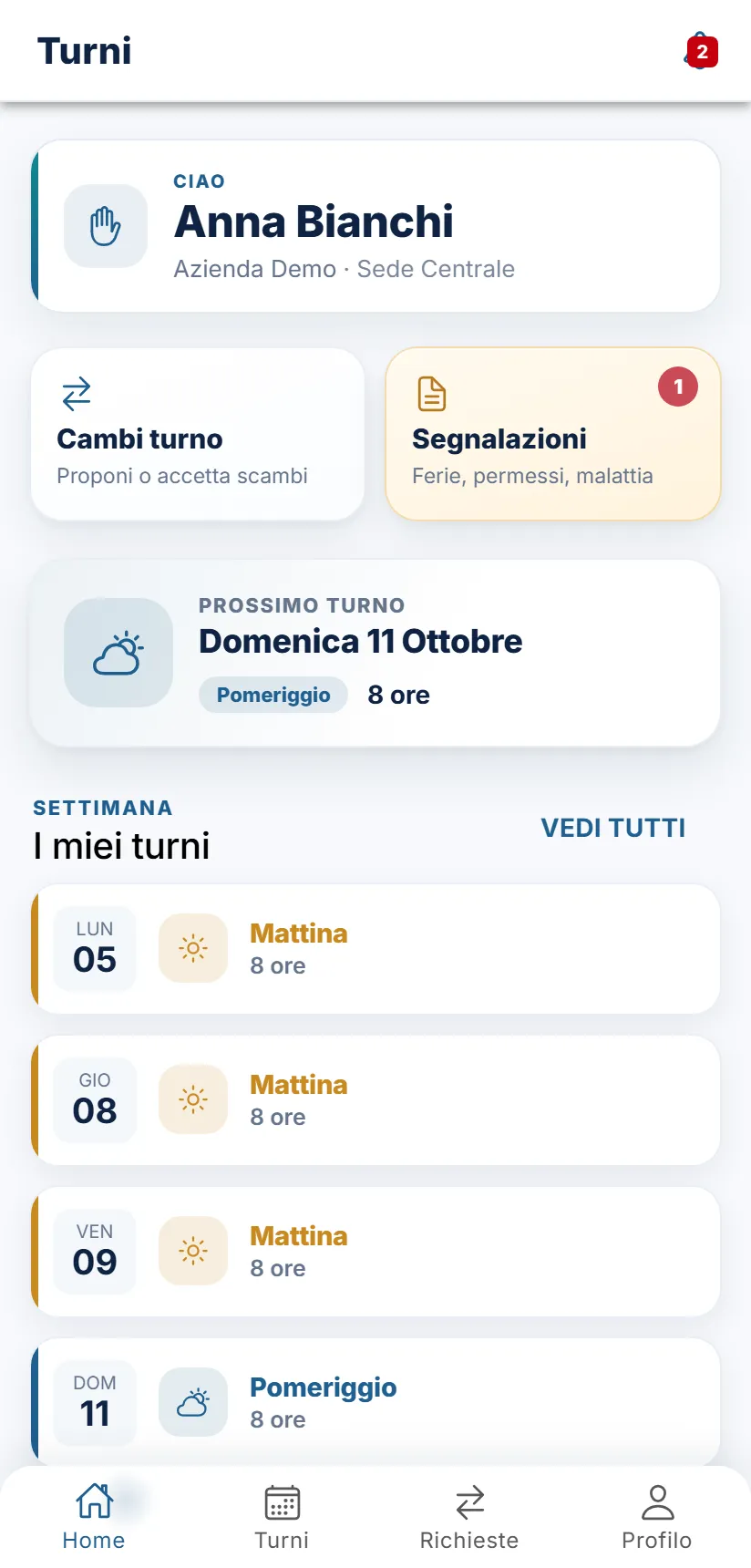 La schermata iniziale dell'app: prossimo turno e turni della settimana