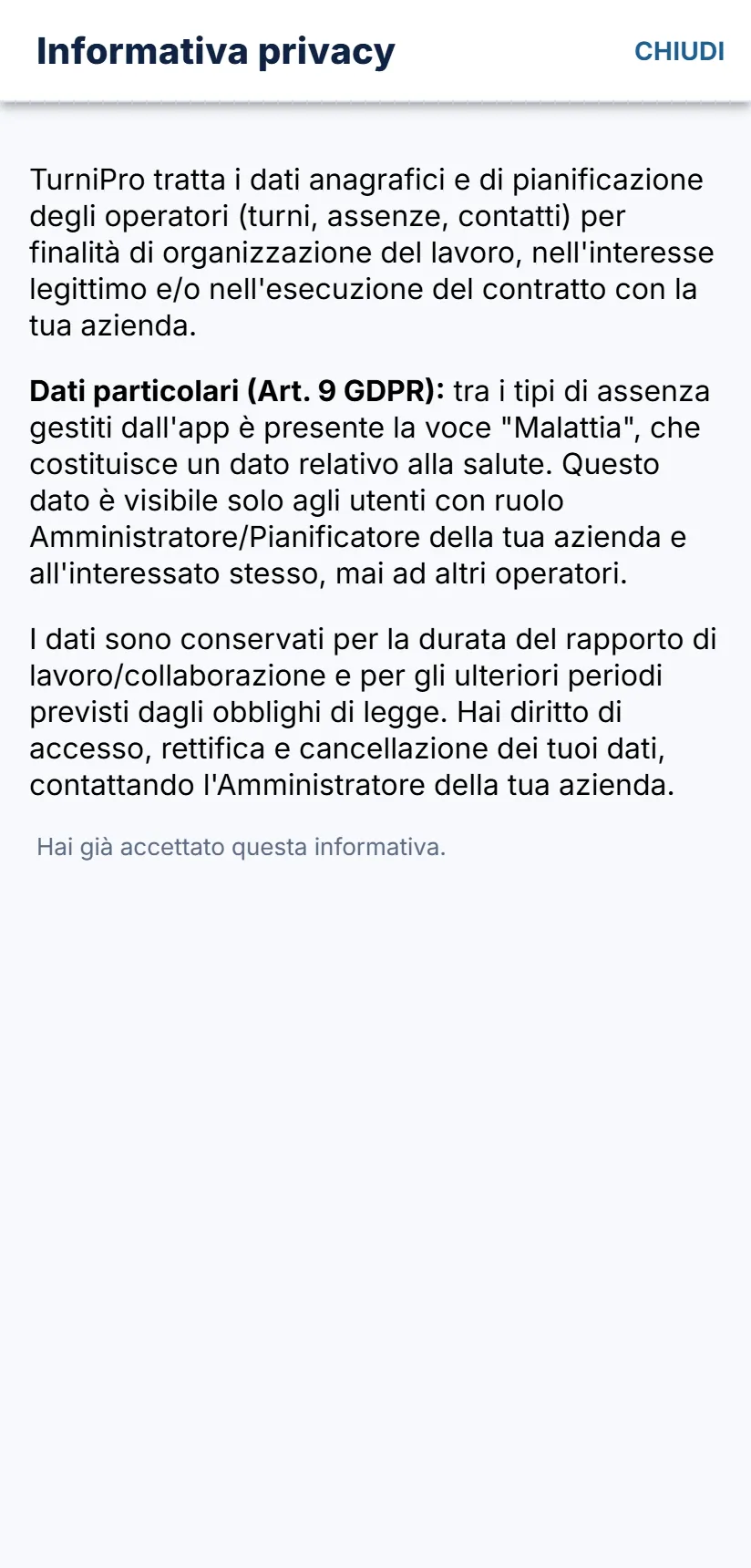 La finestra Informativa privacy