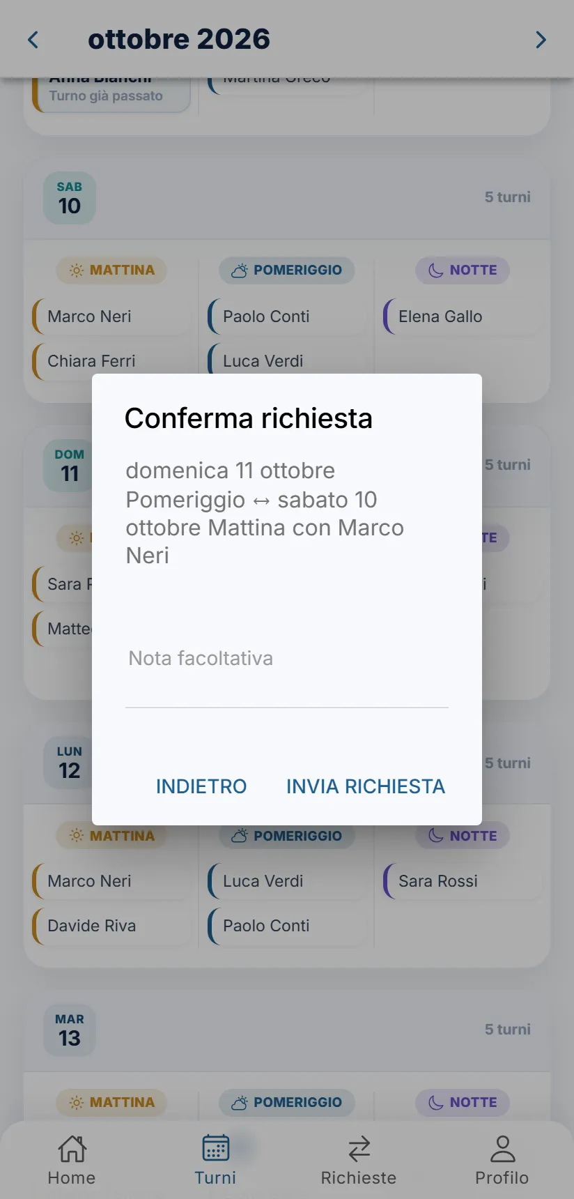 La conferma della richiesta, con il campo per la nota