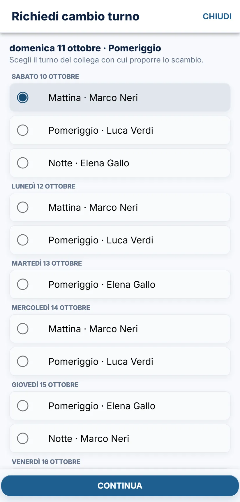La finestra in cui scegli il turno del collega