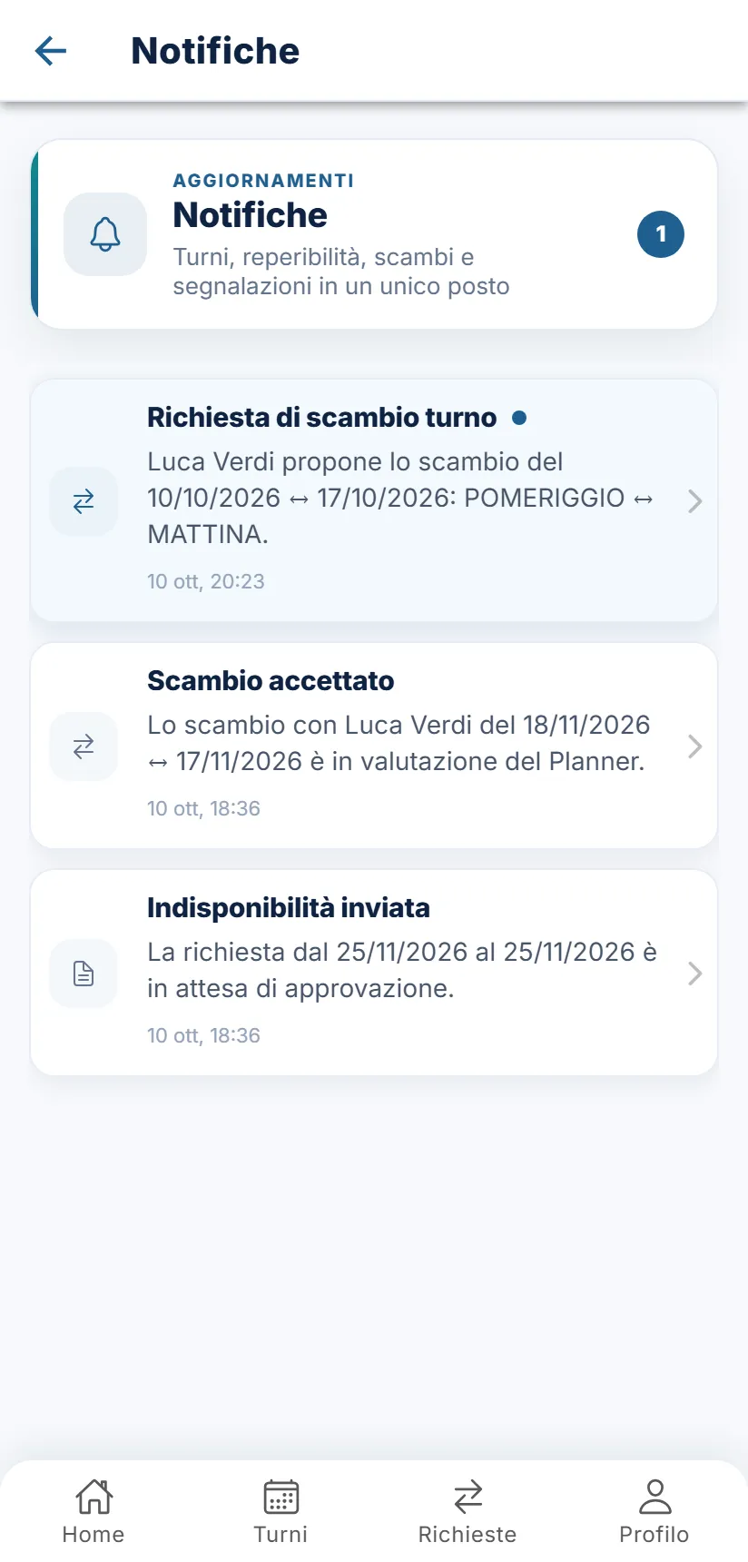 Il centro notifiche, con una notifica non letta evidenziata