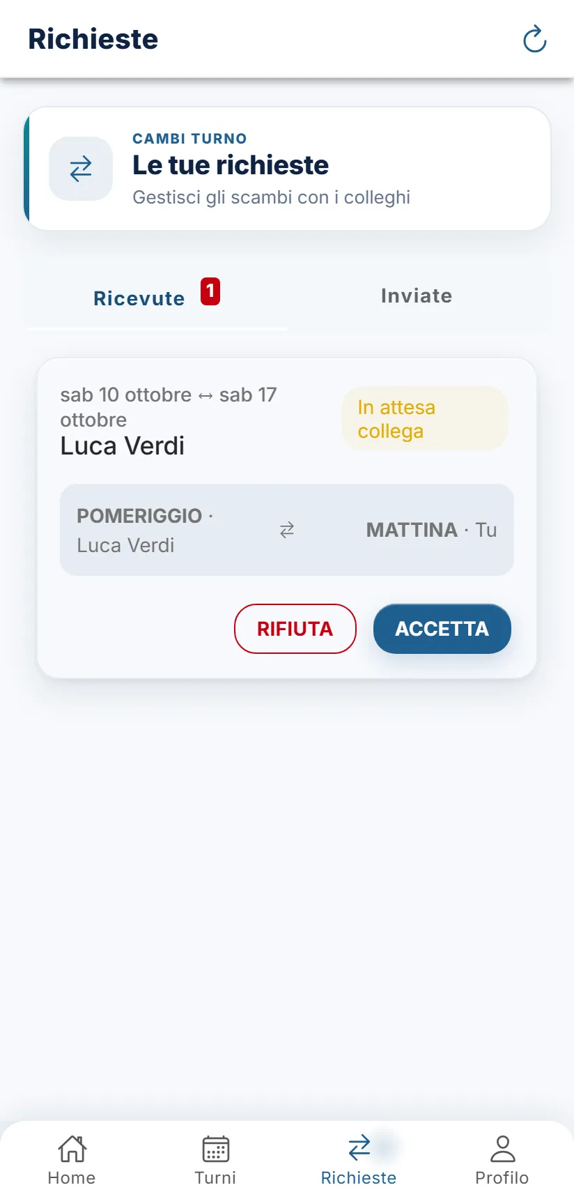 Le richieste ricevute: ogni scheda mostra chi propone, i turni e i pulsanti per rispondere