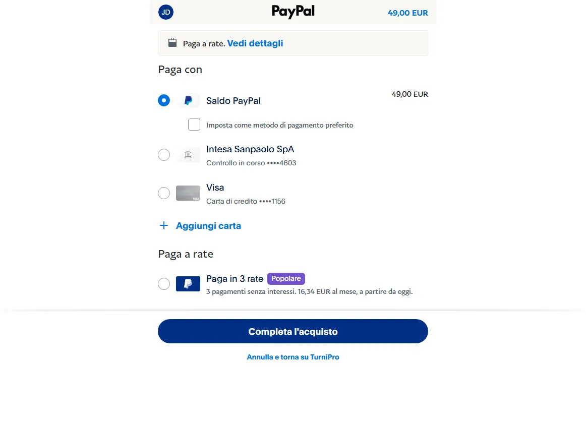 La conferma del pagamento su PayPal