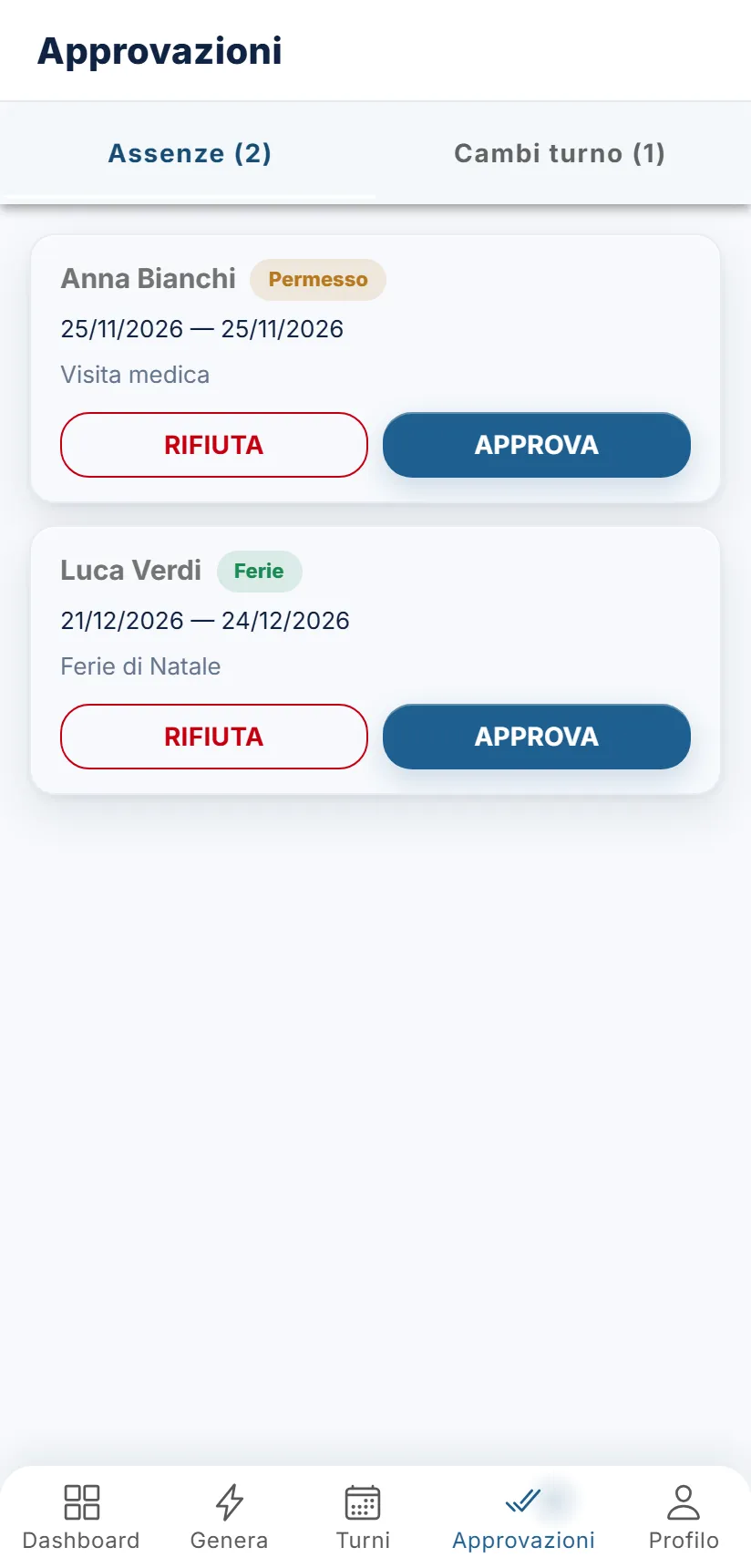 La sezione Assenze con le richieste in attesa e i pulsanti Rifiuta e Approva