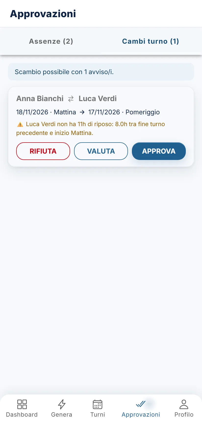 Una richiesta di scambio dopo la valutazione, con eventuali blocchi e avvisi