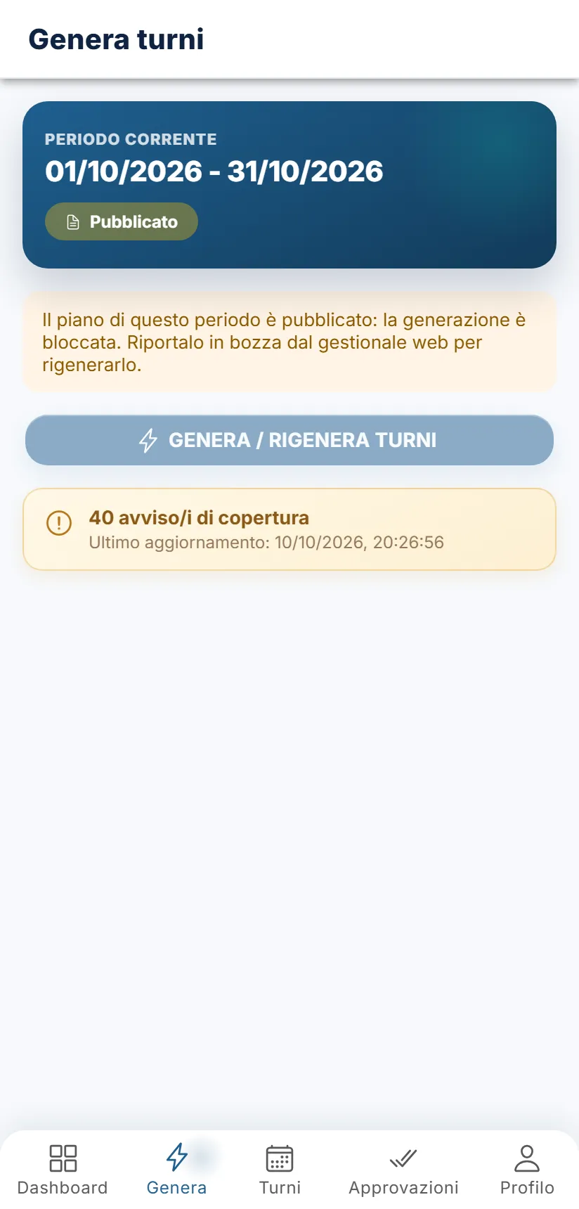 La scheda Genera con un piano già pubblicato: il pulsante è disattivo e compare l'avviso che spiega perché