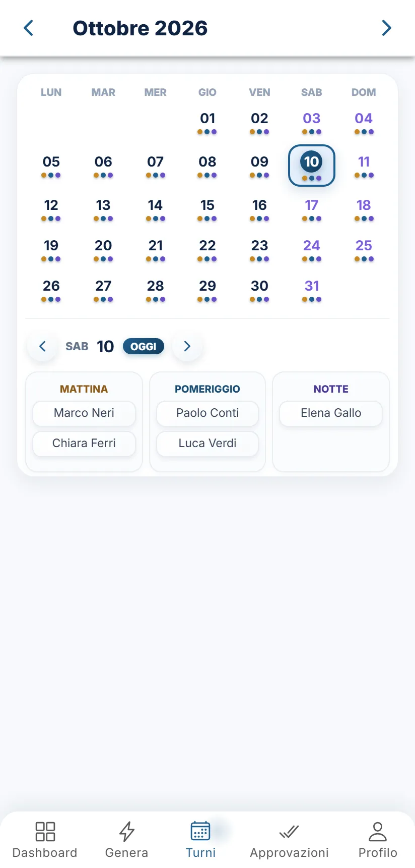 Il calendario del periodo con il dettaglio del giorno selezionato
